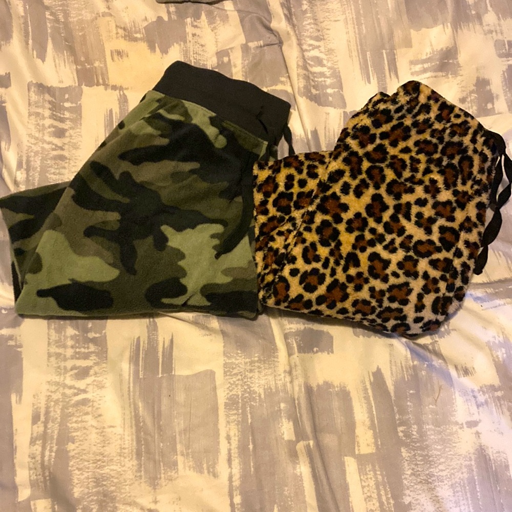 PJ pants, size small, from different brands and cheetah print and camo